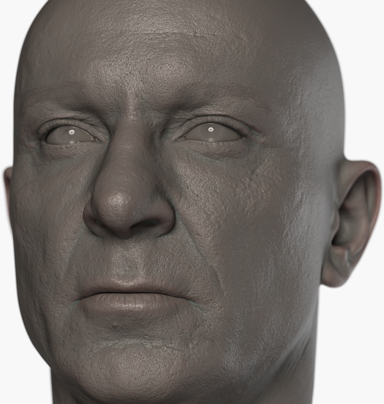Clay render of a middle-aged male 3D head scan showing skin pore detail, wrinkles and surface topology